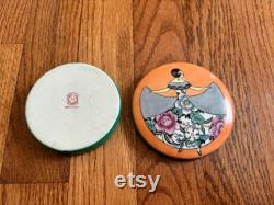 RARE 1930's Noritake Art Deco Hand Painted Powder Puff Box withFashion Lady, 3.63 Diameter, Backstamp 27.1 Red,Made in Japan,excellent colors