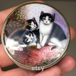 RARE Antique 935 Sterling Silver Kitty CAT Pill Snuff Powder box Guilloche Enamel Purple Womens Vanity Box Black White Brown Kitties