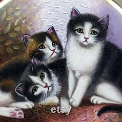 RARE Antique 935 Sterling Silver Kitty CAT Pill Snuff Powder box Guilloche Enamel Purple Womens Vanity Box Black White Brown Kitties