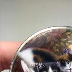 RARE Antique 935 Sterling Silver Kitty CAT Pill Snuff Powder box Guilloche Enamel Purple Womens Vanity Box Black White Brown Kitties