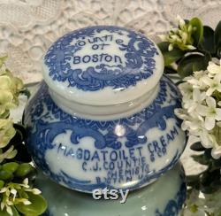 RARE Antique Countie of Boston Magda Toilet Cold Creme Jar, Blue and White Countie Porcelain Jar, Victorian Vanity Jar, Vanity Decor