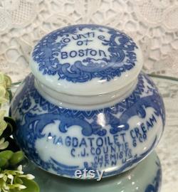 RARE Antique Countie of Boston Magda Toilet Cold Creme Jar, Blue and White Countie Porcelain Jar, Victorian Vanity Jar, Vanity Decor