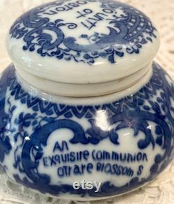 RARE Antique Countie of Boston Magda Toilet Cold Creme Jar, Blue and White Countie Porcelain Jar, Victorian Vanity Jar, Vanity Decor