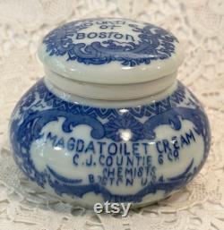 RARE Antique Countie of Boston Magda Toilet Cold Creme Jar, Blue and White Countie Porcelain Jar, Victorian Vanity Jar, Vanity Decor