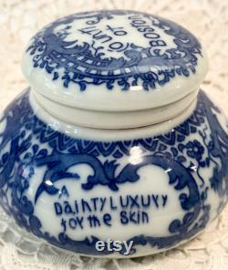 RARE Antique Countie of Boston Magda Toilet Cold Creme Jar, Blue and White Countie Porcelain Jar, Victorian Vanity Jar, Vanity Decor