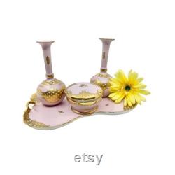 RARE Vintage Lenwile Ardalt Pink and Gold Vanity Set 1940's Porcelain Vanity Tray, Lidded Powder Jar and Two Perfume Bottles 6225B