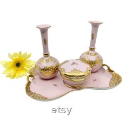 RARE Vintage Lenwile Ardalt Pink and Gold Vanity Set 1940's Porcelain Vanity Tray, Lidded Powder Jar and Two Perfume Bottles 6225B