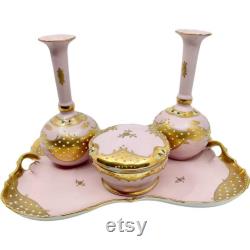 RARE Vintage Lenwile Ardalt Pink and Gold Vanity Set 1940's Porcelain Vanity Tray, Lidded Powder Jar and Two Perfume Bottles 6225B