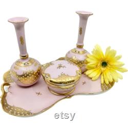 RARE Vintage Lenwile Ardalt Pink and Gold Vanity Set 1940's Porcelain Vanity Tray, Lidded Powder Jar and Two Perfume Bottles 6225B