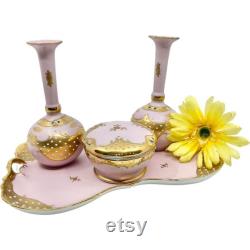 RARE Vintage Lenwile Ardalt Pink and Gold Vanity Set 1940's Porcelain Vanity Tray, Lidded Powder Jar and Two Perfume Bottles 6225B