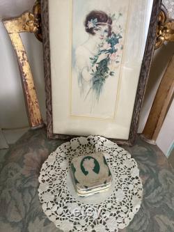 REDUCED Antique Deco Face Powder Box, Sweet Sixteen, Cardboard, Lovely Deco Lady Face and Beautiful Colors