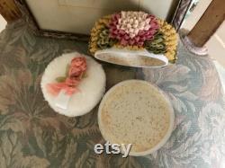 REDUCED Art Deco Ribbon Work Powder Box, Beautiful Mums, with Silk Ribbon Work Powder Puff, Fabulous and Unique