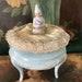 REDUCED Deco era body powder puff with German Marie Antoinette porcelain figurine, gold satin, antique laces and Silk Rose Rococo Trim