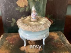 REDUCED Deco era body powder puff with German Marie Antoinette porcelain figurine, gold satin, antique laces and Silk Rose Rococo Trim