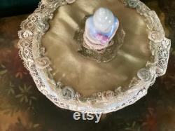 REDUCED Deco era body powder puff with German Marie Antoinette porcelain figurine, gold satin, antique laces and Silk Rose Rococo Trim