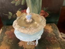 REDUCED Deco era body powder puff with German Marie Antoinette porcelain figurine, gold satin, antique laces and Silk Rose Rococo Trim