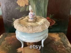 REDUCED Deco era body powder puff with German Marie Antoinette porcelain figurine, gold satin, antique laces and Silk Rose Rococo Trim