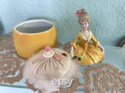 REDUCED Vintage Porcelain German Madame Pompadour Powder Box with Swan Down Powder Puff