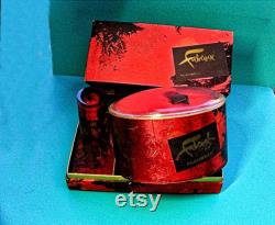 RETRO Faberge Flambeau Bath Gift Set 1 oz Flambeau Cologne Splash 5 oz Vanity Sealed Bath Powder Box. Puff Red Foil Retail Boudoir