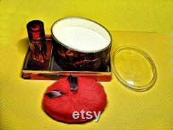 RETRO Faberge Flambeau Bath Gift Set 1 oz Flambeau Cologne Splash 5 oz Vanity Sealed Bath Powder Box. Puff Red Foil Retail Boudoir