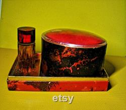 RETRO Faberge Flambeau Bath Gift Set 1 oz Flambeau Cologne Splash 5 oz Vanity Sealed Bath Powder Box. Puff Red Foil Retail Boudoir