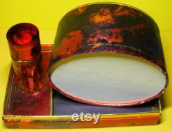 RETRO Faberge Flambeau Bath Gift Set 1 oz Flambeau Cologne Splash 5 oz Vanity Sealed Bath Powder Box. Puff Red Foil Retail Boudoir