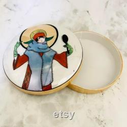 Rare Art Deco Noritake Powder Box with Deco Lady Mirror Motif, Lustre Glaze, M-Japan Mark c.1920s