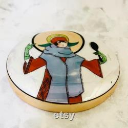 Rare Art Deco Noritake Powder Box with Deco Lady Mirror Motif, Lustre Glaze, M-Japan Mark c.1920s