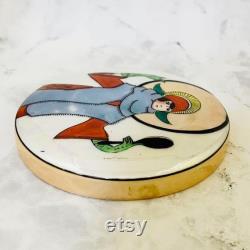 Rare Art Deco Noritake Powder Box with Deco Lady Mirror Motif, Lustre Glaze, M-Japan Mark c.1920s