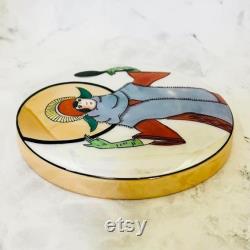 Rare Art Deco Noritake Powder Box with Deco Lady Mirror Motif, Lustre Glaze, M-Japan Mark c.1920s