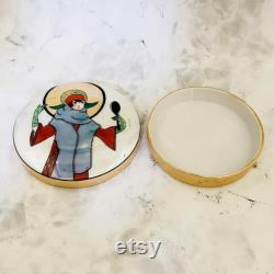 Rare Art Deco Noritake Powder Box with Deco Lady Mirror Motif, Lustre Glaze, M-Japan Mark c.1920s