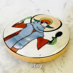 Rare Art Deco Noritake Powder Box with Deco Lady Mirror Motif, Lustre Glaze, M-Japan Mark c.1920s