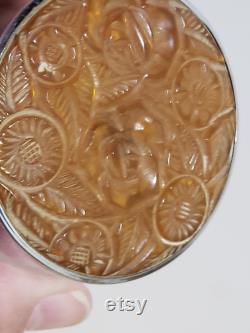 Rare Art Deco Round Glass Powder Vanity Dresser Jar, Carved Lid Power Jar