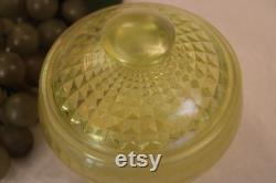 Rare Fenton Topaz Stretch Glass Powder Jar No. 53, Diamond Optic Design, Circa 1920s