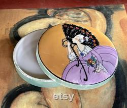 Rare Noritake Art Deco Hand Painted Lady with Fan Powder Puff Jar Noritake Art Deco Lustre Jar Vintage Art Deco Lady with Peacock Fan