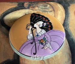 Rare Noritake Art Deco Hand Painted Lady with Fan Powder Puff Jar Noritake Art Deco Lustre Jar Vintage Art Deco Lady with Peacock Fan