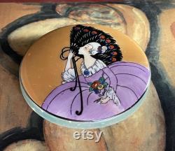 Rare Noritake Art Deco Hand Painted Lady with Fan Powder Puff Jar Noritake Art Deco Lustre Jar Vintage Art Deco Lady with Peacock Fan