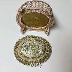 Rare Signed Florenza Hand Mirror and Trinket Box Set Oval Porcelain Wild Flowers