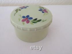 Rare Vintage Art Deco Round Green Urea Formaldehyde Early Plastic Vanity Trinket Box with Hand Painted Floral Flower Design 1930's