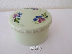 Rare Vintage Art Deco Round Green Urea Formaldehyde Early Plastic Vanity Trinket Box with Hand Painted Floral Flower Design 1930's