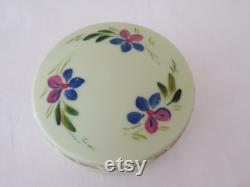 Rare Vintage Art Deco Round Green Urea Formaldehyde Early Plastic Vanity Trinket Box with Hand Painted Floral Flower Design 1930's