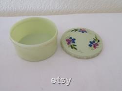 Rare Vintage Art Deco Round Green Urea Formaldehyde Early Plastic Vanity Trinket Box with Hand Painted Floral Flower Design 1930's