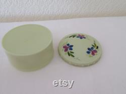 Rare Vintage Art Deco Round Green Urea Formaldehyde Early Plastic Vanity Trinket Box with Hand Painted Floral Flower Design 1930's