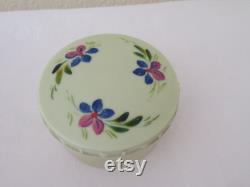 Rare Vintage Art Deco Round Green Urea Formaldehyde Early Plastic Vanity Trinket Box with Hand Painted Floral Flower Design 1930's