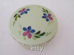 Rare Vintage Art Deco Round Green Urea Formaldehyde Early Plastic Vanity Trinket Box with Hand Painted Floral Flower Design 1930's