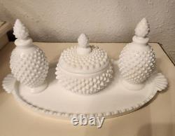 Rare Vintage Fenton Hobnail Vanity Set. Tray, Perfume Bottles And Powder Box