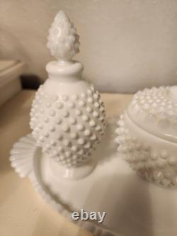 Rare Vintage Fenton Hobnail Vanity Set. Tray, Perfume Bottles And Powder Box