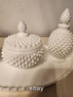 Rare Vintage Fenton Hobnail Vanity Set. Tray, Perfume Bottles And Powder Box