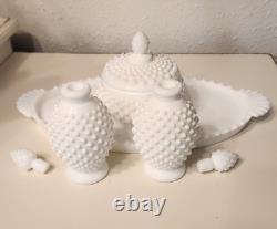 Rare Vintage Fenton Hobnail Vanity Set. Tray, Perfume Bottles And Powder Box