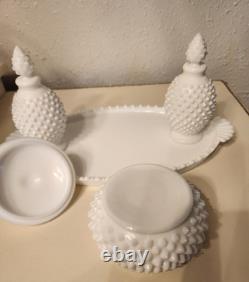 Rare Vintage Fenton Hobnail Vanity Set. Tray, Perfume Bottles And Powder Box